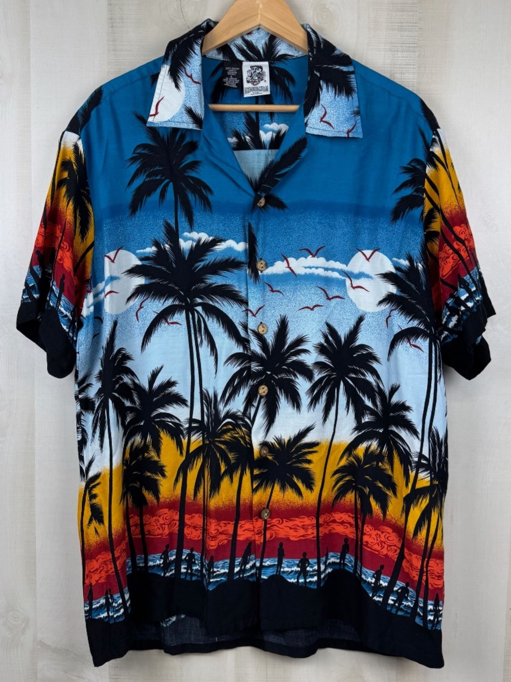 Vintage Kennington Men’s Hawaiian Shirt Palm Trees Sunset Beach People Large